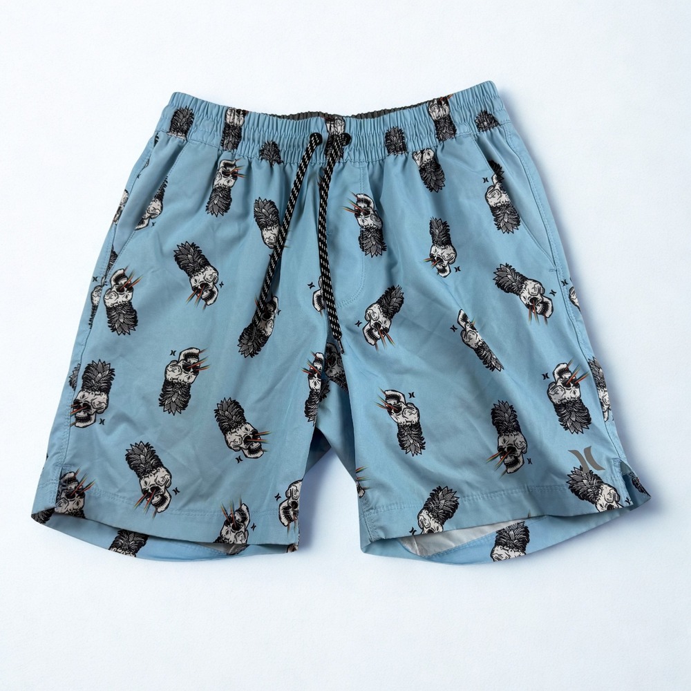 Hurley Board Shorts Mens S Blue Pineapple Skull Rainbow Laser Print Swim‎ Trunks